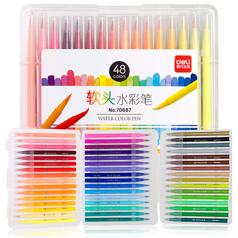 得力可水洗水彩笔软头彩笔24色彩色笔36色儿童水彩笔48色幼儿园画画水彩笔套装批发